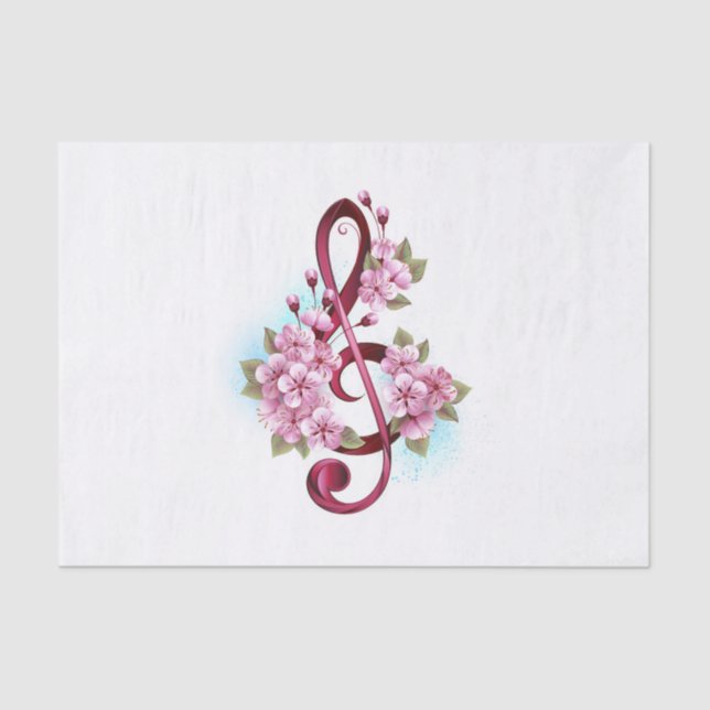 Musical treble clef notes with Sakura flowers Tissue Paper (Front)