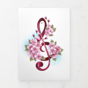 Musical treble clef notes with Sakura flowers Tri-Fold Announcement