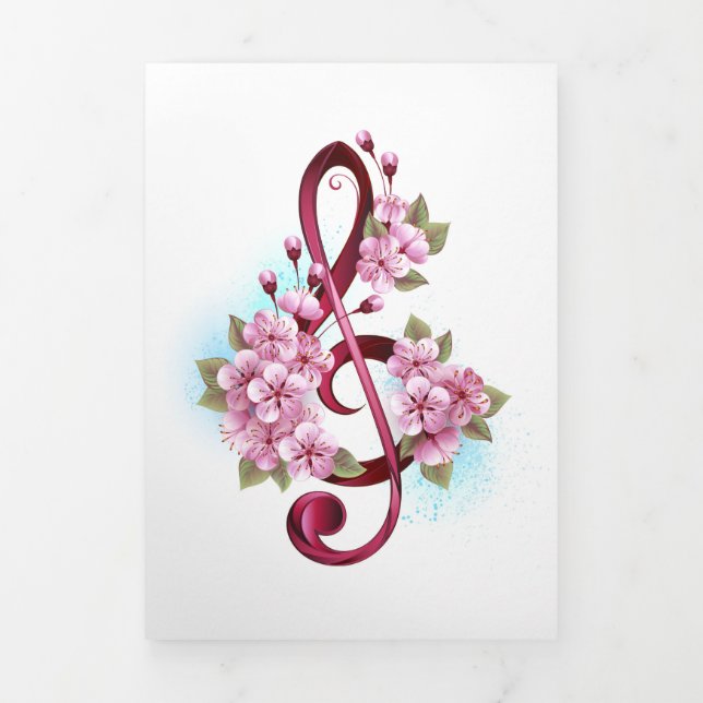 Musical treble clef notes with Sakura flowers Tri-Fold Announcement (Cover)