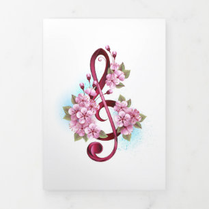 Musical treble clef notes with Sakura flowers Tri-Fold Holiday Card