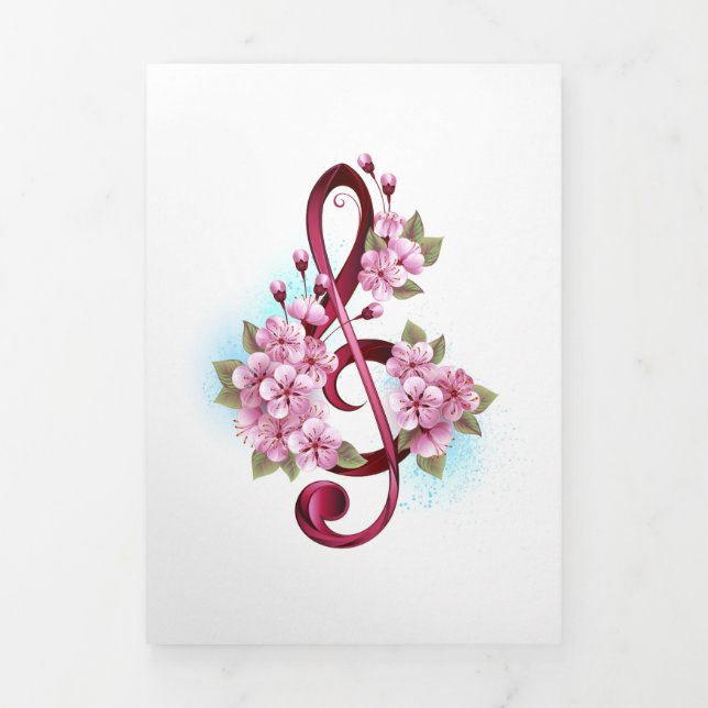 Musical treble clef notes with Sakura flowers Tri-Fold Holiday Card (Cover)