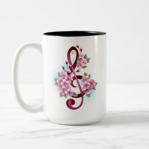 Musical treble clef notes with Sakura flowers Two-Tone Coffee Mug