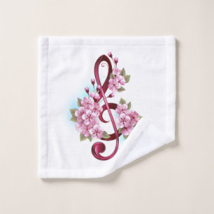 Musical treble clef notes with Sakura flowers Wash Cloth