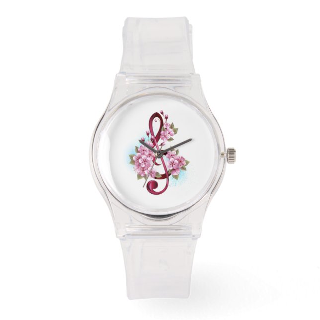 Musical treble clef notes with Sakura flowers Watch (Front)