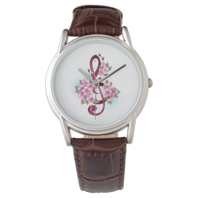 Musical treble clef notes with Sakura flowers Watch (Front)