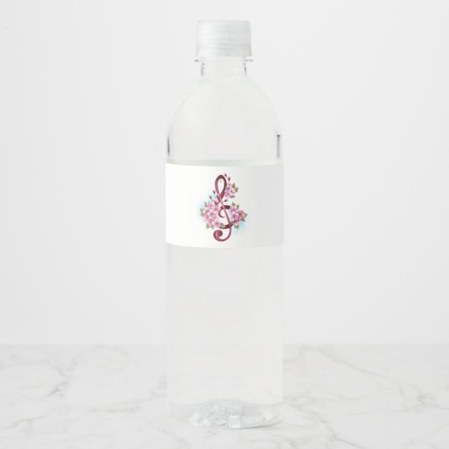 Musical treble clef notes with Sakura flowers Water Bottle Label (Front)