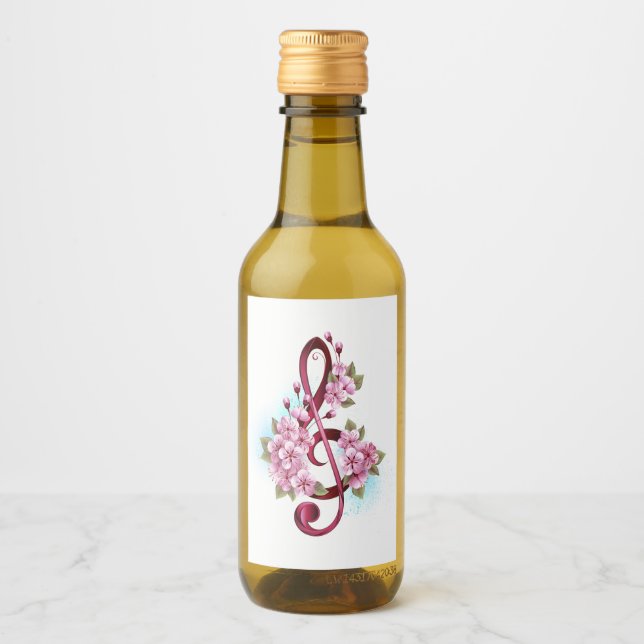 Musical treble clef notes with Sakura flowers Wine Label (Front)