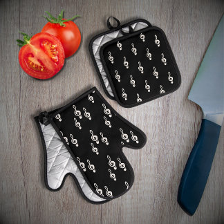 Musical Treble Clef Pattern Black White   Oven Mitt & Pot Holder Set