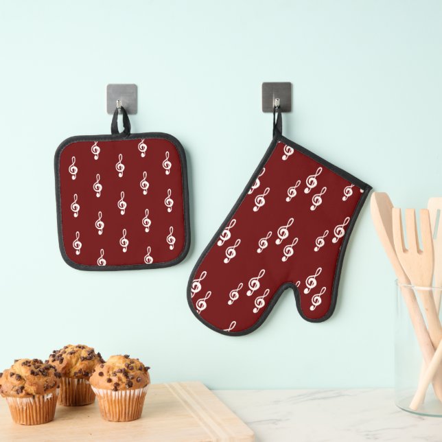 Musical Treble Clef Pattern Simple Red Oven Mitt & Pot Holder Set (Insitu(Hanging))