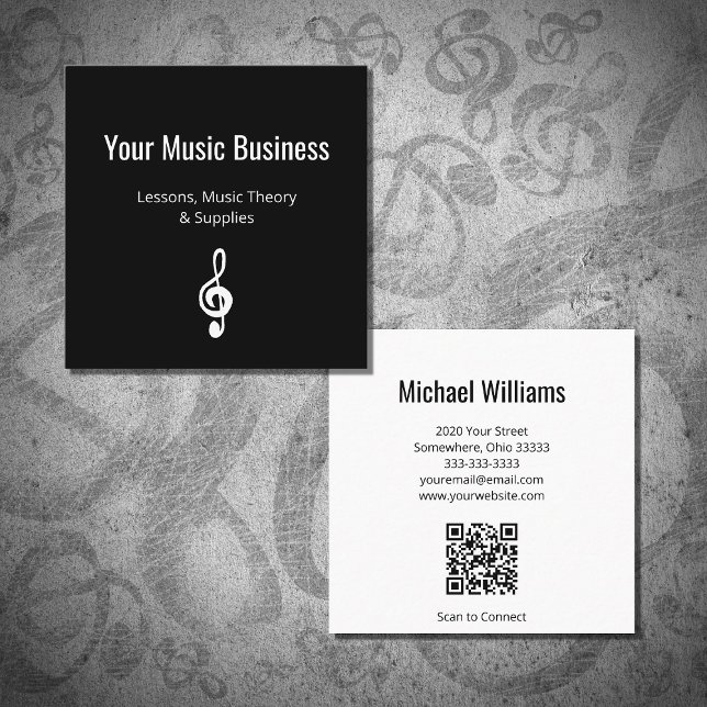 Musical Treble Clef QR code Music Lessons Black Square Business Card (Creator Uploaded)