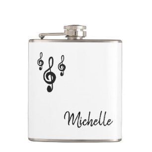 Musical Treble Clef Simple Black White Hip Flask