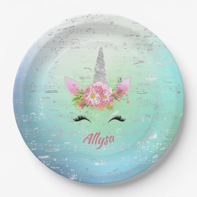 Musical Unicorn Horn and Floral Eyelashes Paper Plate (Front)
