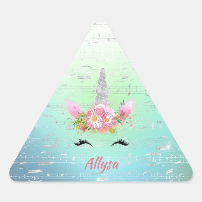 Musical Unicorn Horn and Floral Eyelashes Triangle Sticker (Front)