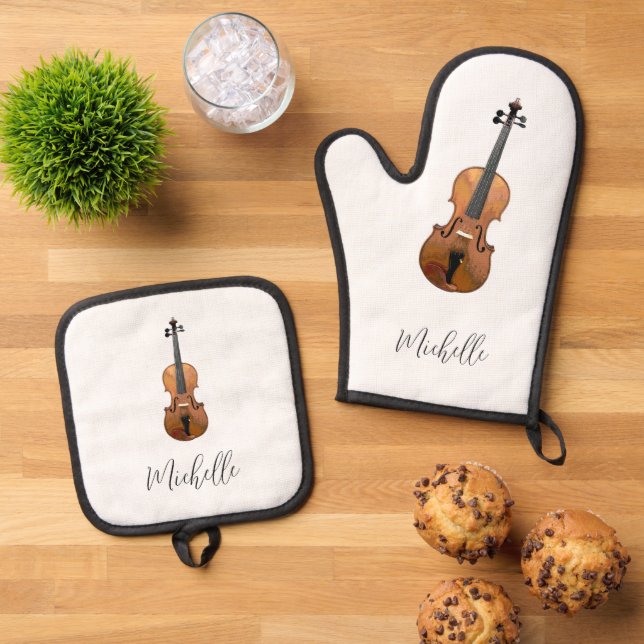 Musical Violin Classical Music Personalized Oven Mitt & Pot Holder Set (Top Down)