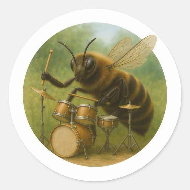 Musician Bee Playing Drum Set Classic Round Sticker (Front)
