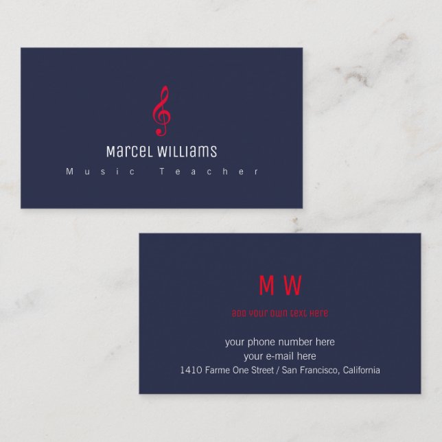 musician blue business card with red musical note (Front/Back)