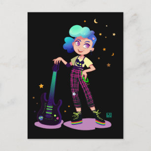 Musician girl with blue hair with a rock guitar postcard