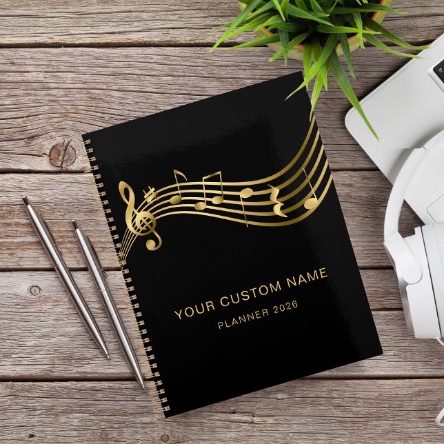 Musician Gold Musical Notes Elegant Custom Yearly Planner (Creator Uploaded)