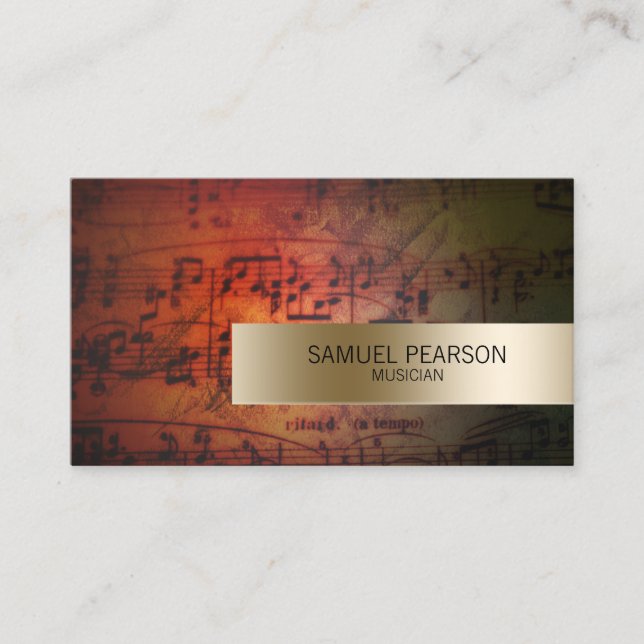 Musician Grunge Music Notes Gold Stripe Music Business Card (Front)
