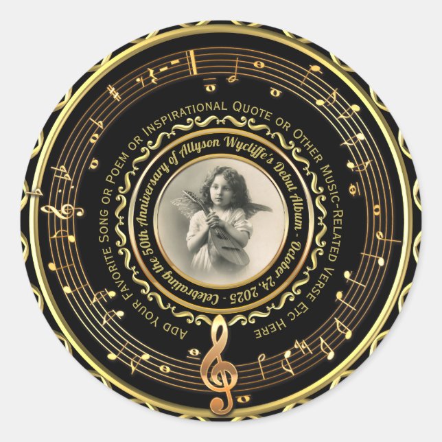 Musician Music Note Commemorative Photo Gold Black Classic Round Sticker (Front)