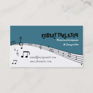 Musician music pentagram teal, white black business card