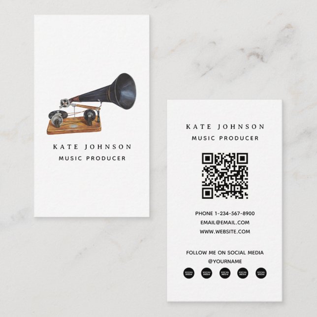 Musician Music Producer Gramophone QR Code Business Card (Front/Back)