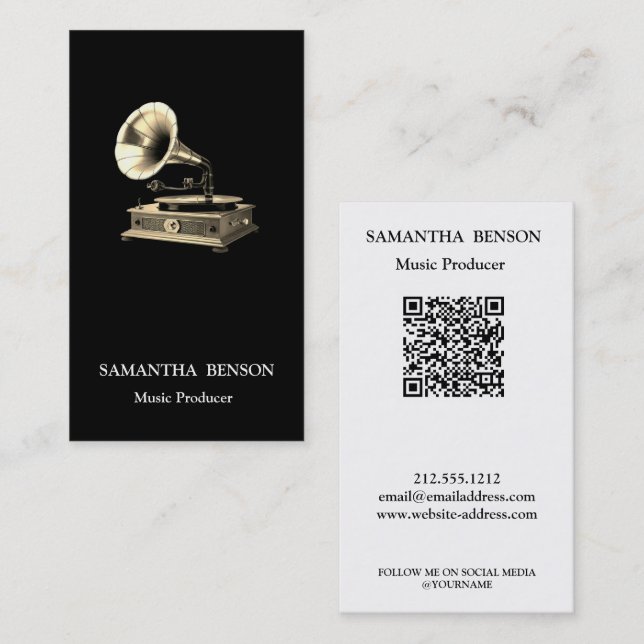 Musician Music Producer Gramophone QR Code Business Card (Front/Back)
