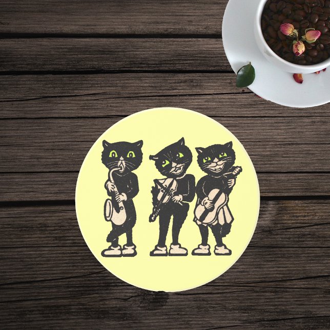 Musician Vintage Black Cats Coaster (Three black cat musicians playing musical instruments on bright yellow drink coaster.)