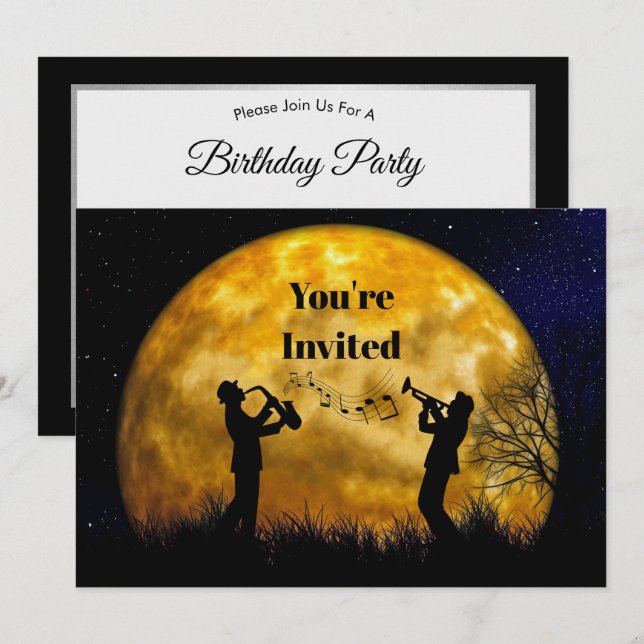 Musicians Full Moon Watercolor Birthday Invitation (Front/Back)