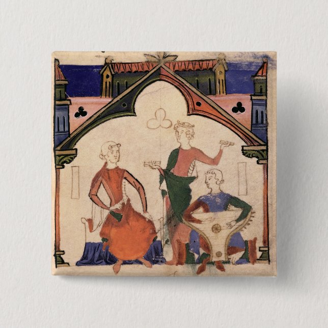 Musicians playing castanets and a psaltery 2 inch square button (Front)