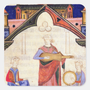 Musicians playing the guitar and tambourine square sticker