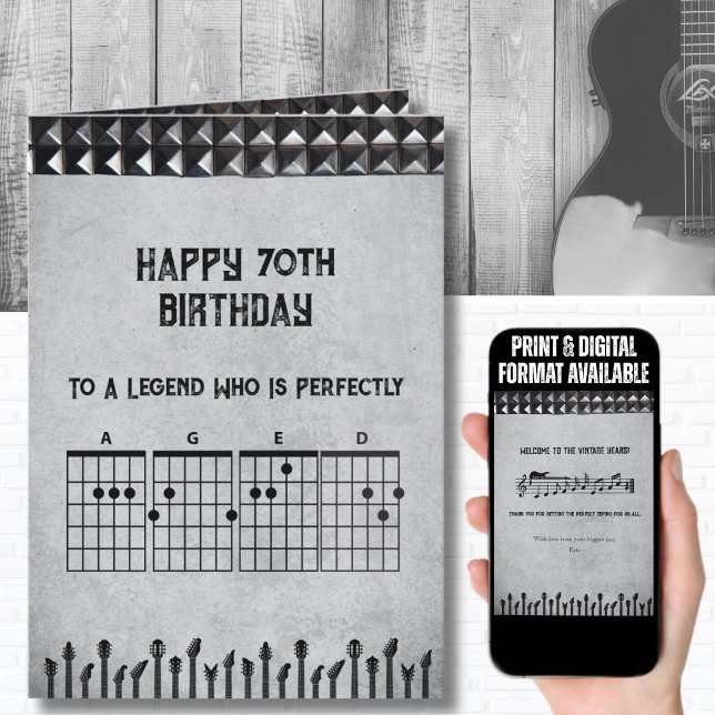Musicien vintage 70e carte d'anniversaire de guita (Honor a timeless LEGEND with a guitar themed rock and roll card for their 70th birthday)