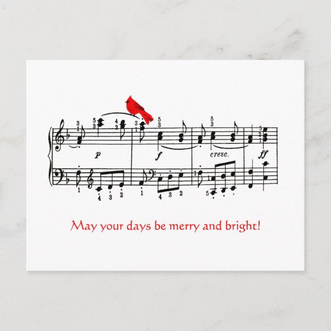 Musique et Cardinal Red Bird Carte postale de Noël (Devant)
