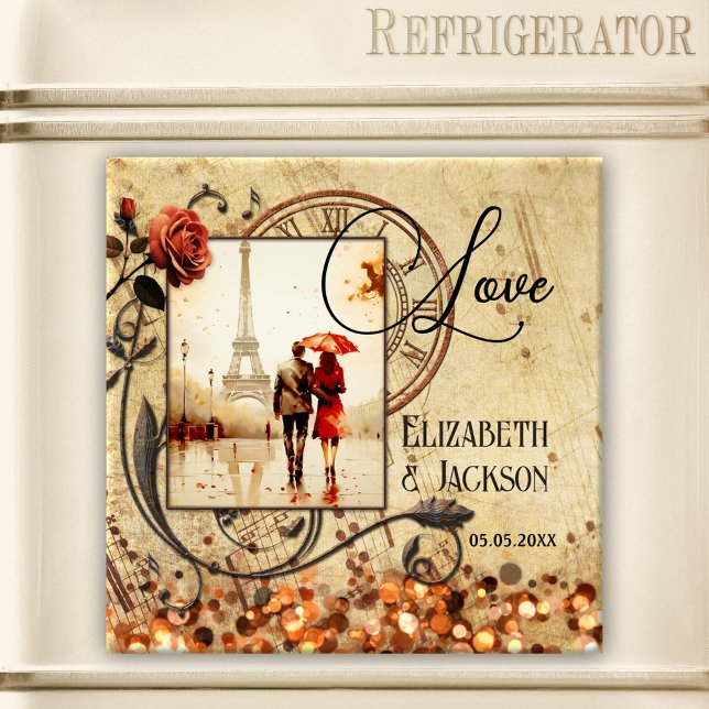 Musique Photo Vintage Mariage Anniversaire Magnet (Magnet featuring your own photo (optional) framed by a vintage scrapbook design with a music theme)