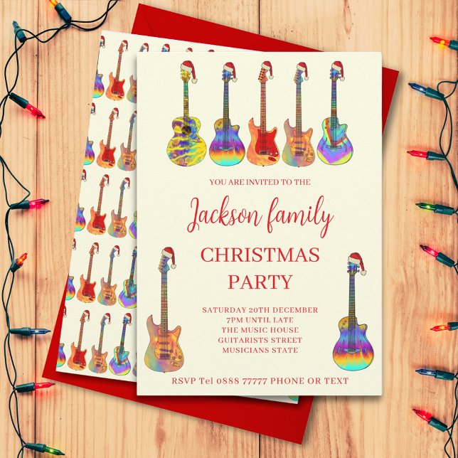 Musique Thématique Guitare Noël Invitation (music themed family Christmas party invitation with cool colorful guitars wearing Santa hats)
