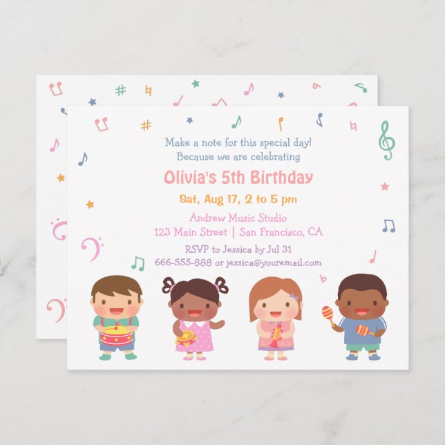 Musique Thème Anniversaire de enfant Invitations (Devant / Derrière)