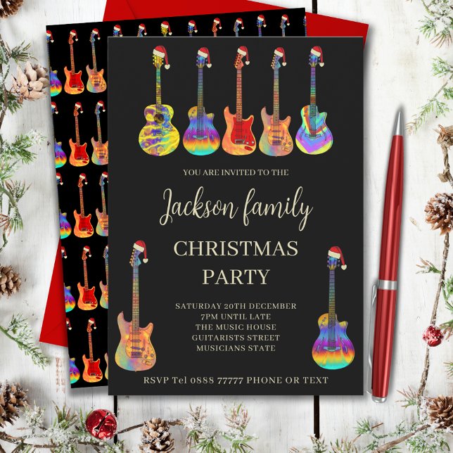 Musique Thème Famille Noël Invitation (Music themed family christmas party invitation with cool colorful guitars wearing Santa hats)