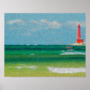 Muskegon, Michigan beach & lighthouse (oil paint) Poster