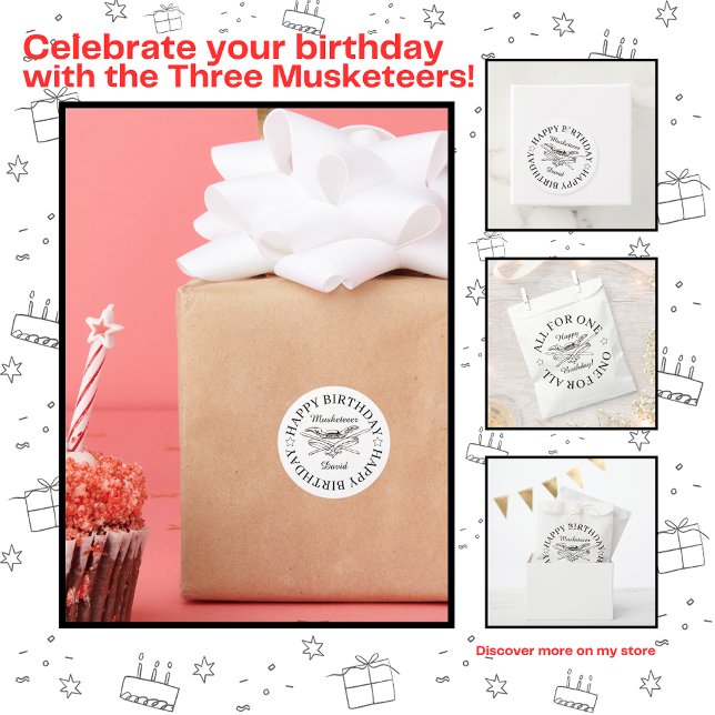 Musketeer Hero Happy Birthday Party Customizable Classic Round Sticker (Creator Uploaded)