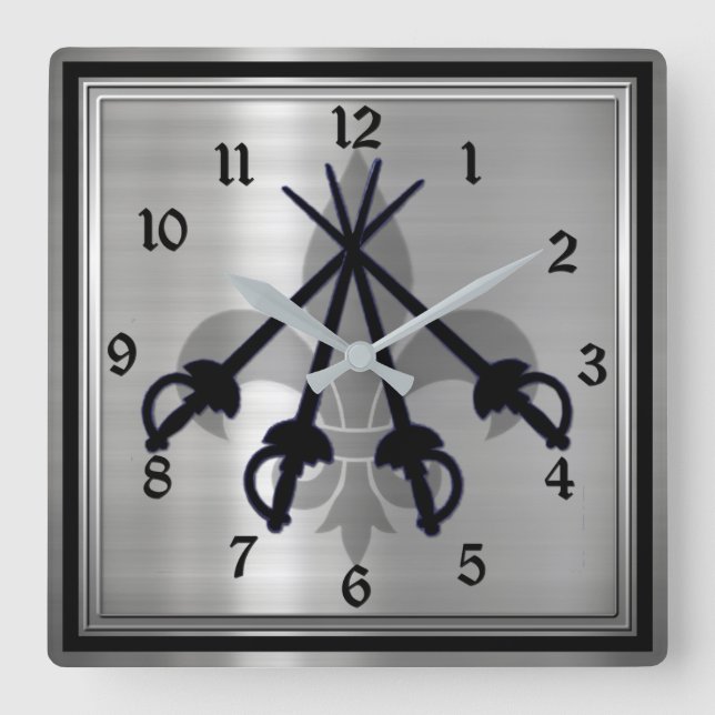 Musketeer Swords Silver Square Wall Clock (Front)