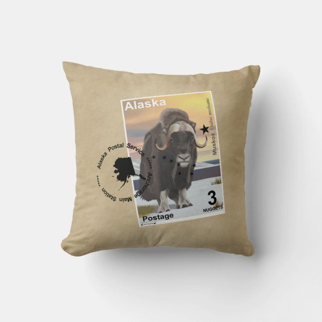 Muskox Stamp Souvenir Throw Pillow (Front)