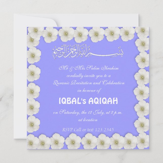 Muslim baby boy blue Aqiqah Invitation (Front)