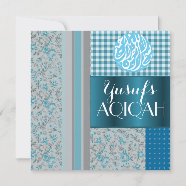 Muslim baby boy blue aqiqah Islamic Invitation (Front)
