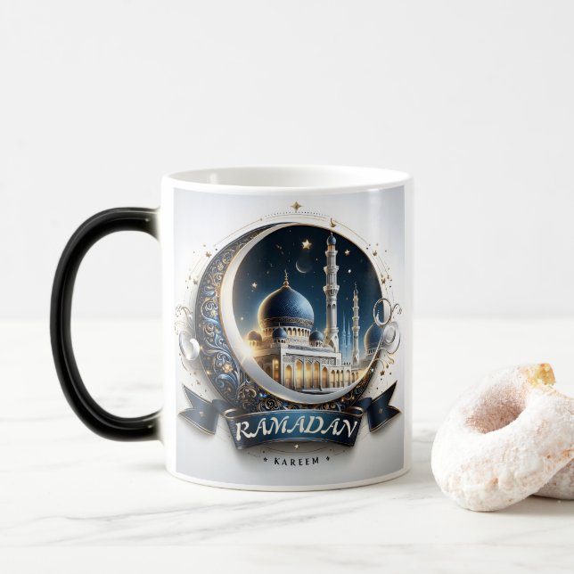Muslim Golden Navy Blue Mosque Eid Mubarak Magic Mug (With Donut)