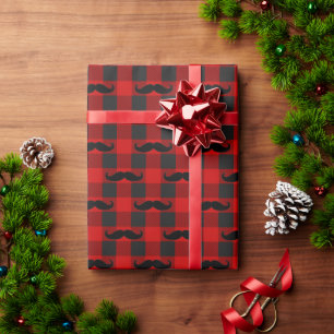 Mustache Buffalo Plaid Pattern Black and Red  Wrapping Paper