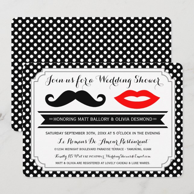 Mustache & Lips Invitations Wedding showers (Devant / Derrière)