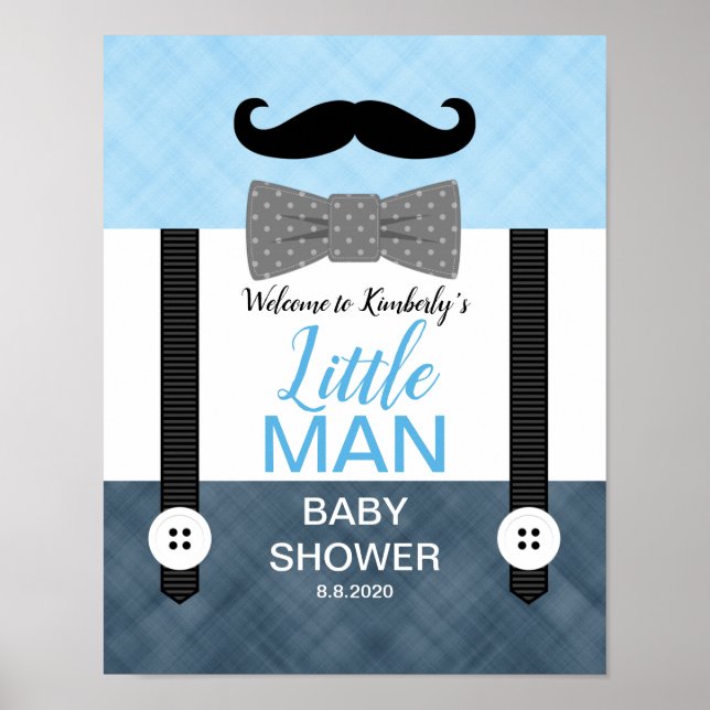 Mustache navy blue baby boy shower welcome sign (Front)