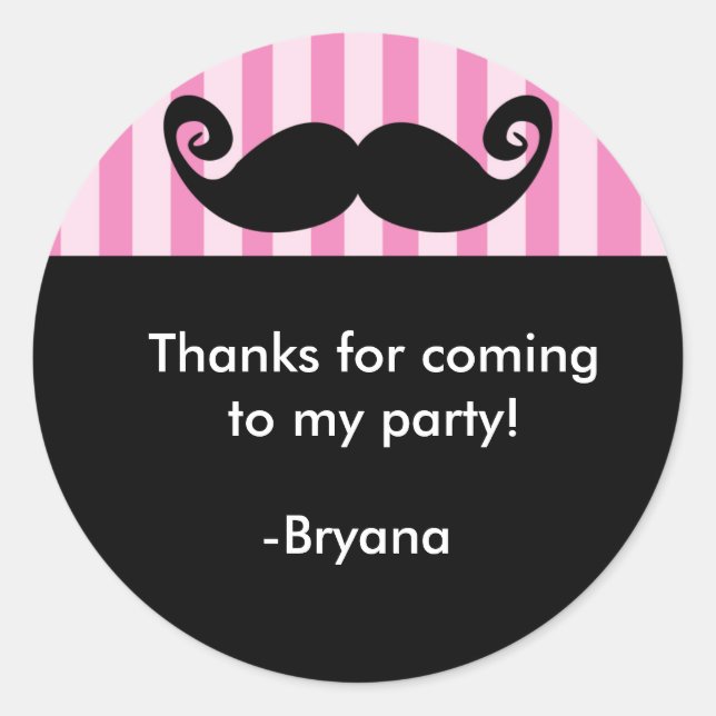 MUSTACHE Pink Stripe Black birthday party sticker (Front)