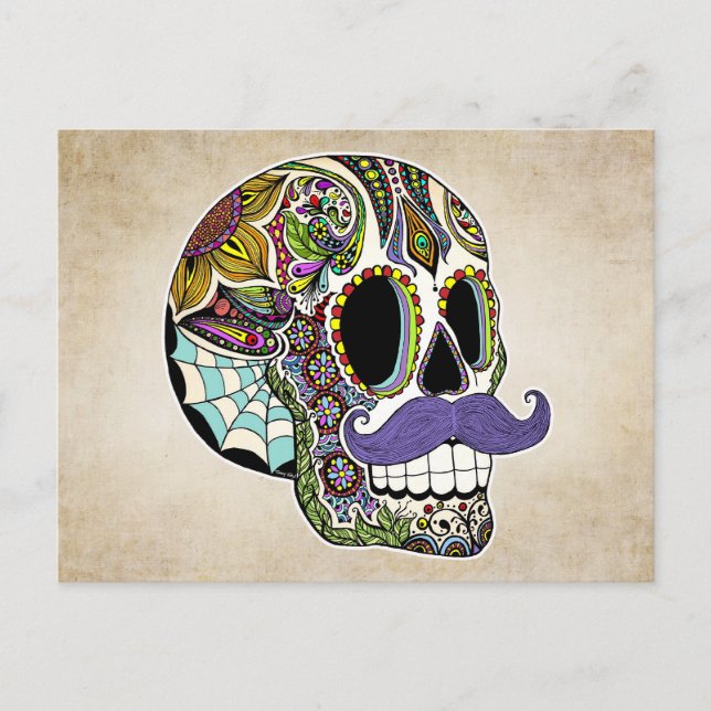 Mustache Sugar Skull Color Postcard (Front)