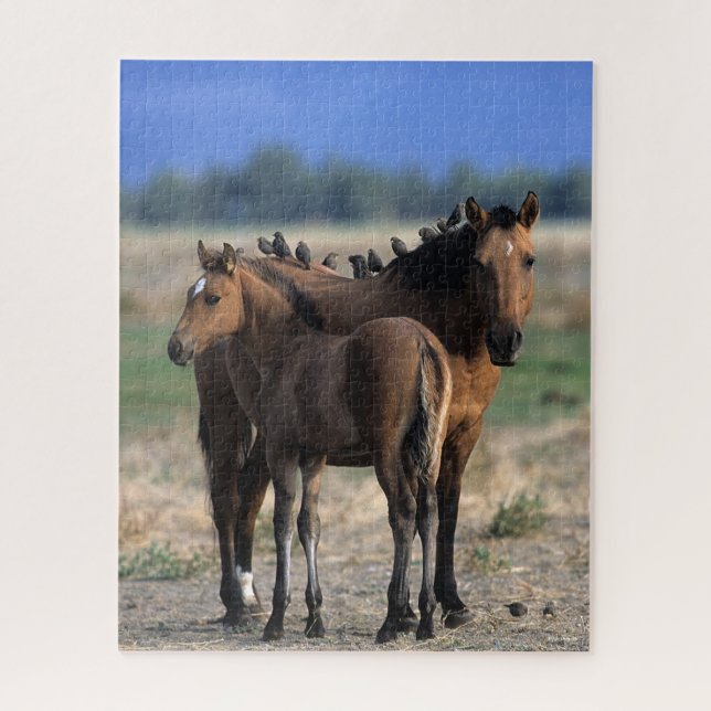 Mustang Mare and Foal Standing With Birds Jigsaw Puzzle (Vertical)